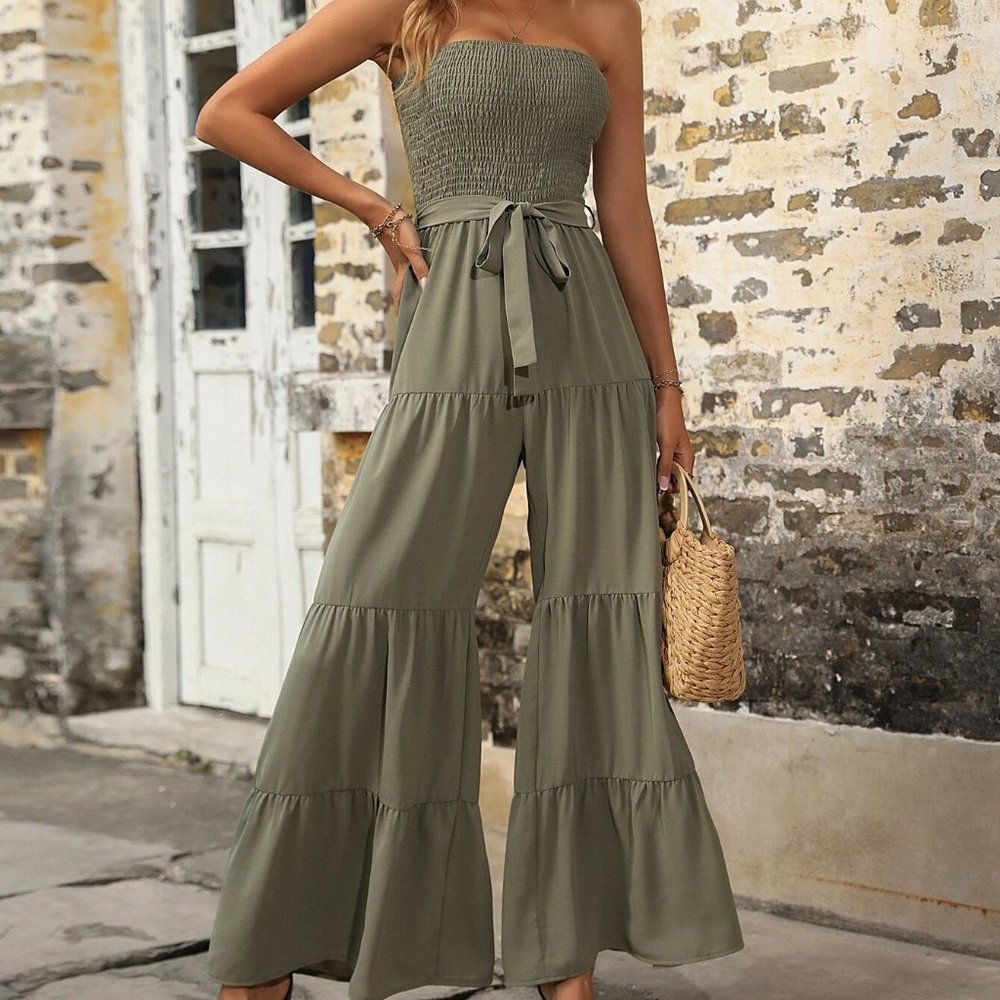 Army Green Preppy Womens Tie Front Shirred Ruffle Hem Tube Dress - Picture 3 of 5